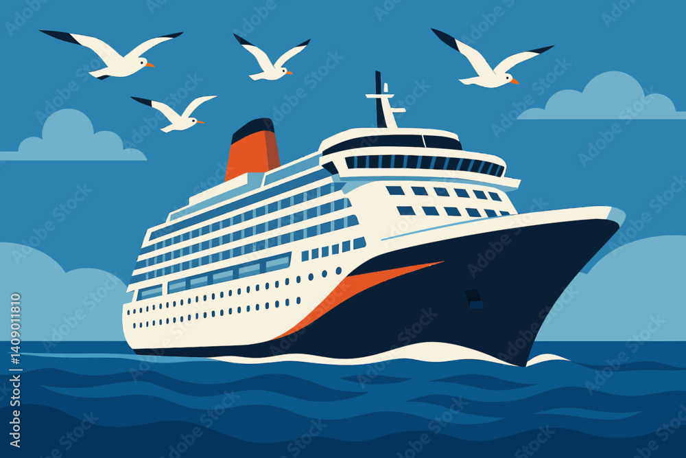 Flat maritime travel scene showing a large cruise liner