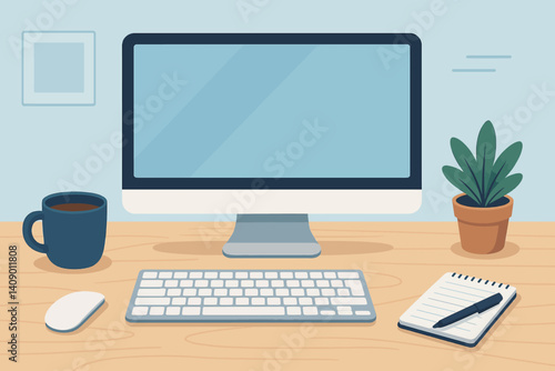 Illustration of a flat workspace that includes necessary office items