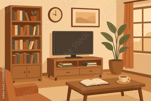 A casual living area is depicted in a flat home interior scene