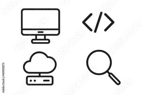 Icons with a tech theme that represent software development and cloud computing