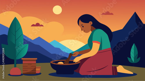 As the sun sets over the hills a woman sits outside her home carefully grinding Oaxacan chocolate on a metate the quiet grinding sound accompanying the chirping of crickets.. Vector illustration