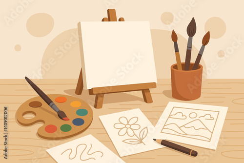 Flat artistic workstation scene reflecting a painter’s setup