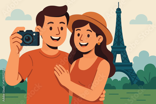Flat tourism scene with travelers capturing vacation memories