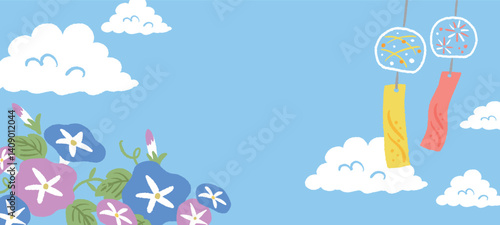 夏の入道雲と朝顔のイラスト　バナー