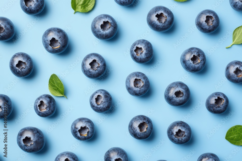 Close-up of fresh blueberries with green leaves on a vibrant blue background. Close-up of fresh blueberries with green leaves on a vibrant blue background.