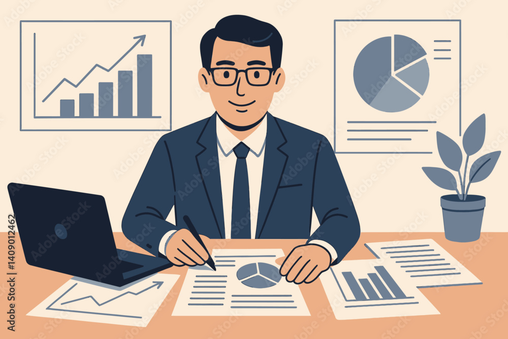 A financial consultant is shown examining data in a flat business setting A financial consultant is shown examining data in a flat business setting