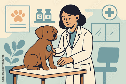 Flat medical pet care scene featuring a doctor and canine patient