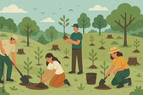A flat environmental scene that highlights the importance of tree planting