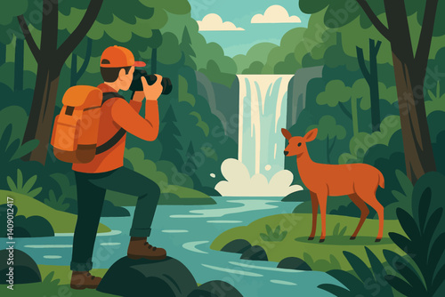 Flat nature scene featuring outdoor exploration and photography