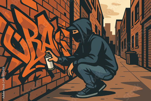 Flat cultural scene showing street art in progress