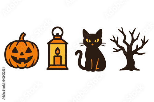 Traditional spooky elements are often depicted in Halloween icons