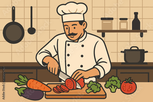 Flat culinary scene featuring a busy chef and fresh produce
