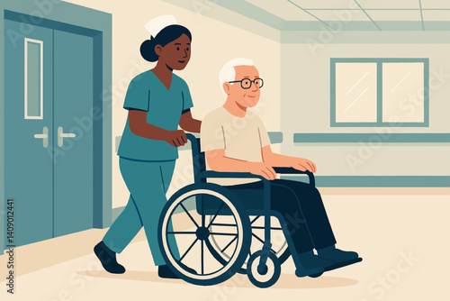 A flat healthcare scene showing patient support and care