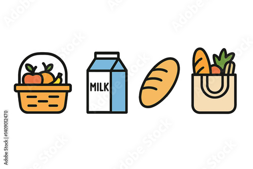 A set of icons depicting fundamental grocery items in a flat design
