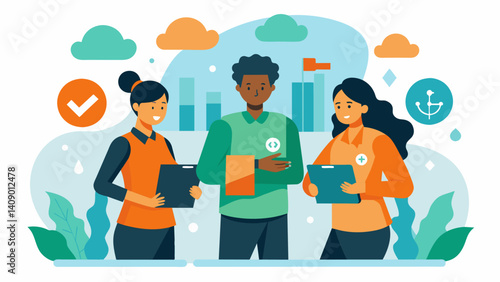 A team of crisis counselors analyzing data on trauma and psychological impact to better support survivors of a major flood.. Vector illustration