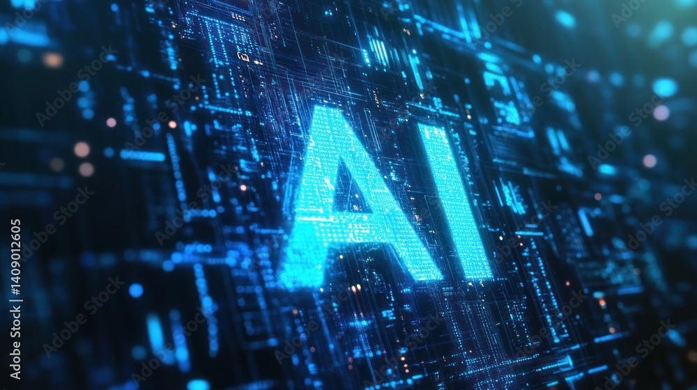 Close-up of glowing AI symbol on a digital circuit board background, representing artificial intelligence and innovation. Close-up of glowing AI symbol on a digital circuit board background, representing artificial intelligence and innovation.