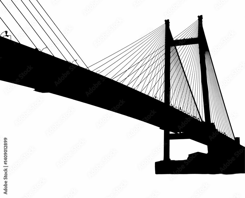 Naklejka premium Black and White Suspension Bridge Silhouette Illustration for Design and Art Projects