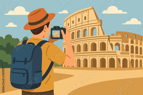 A backpacker's tranquil tourist setting while capturing memories