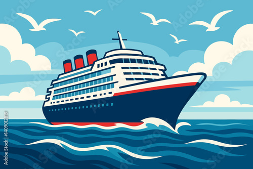 A large cruise liner is depicted in a flat maritime travel scene.