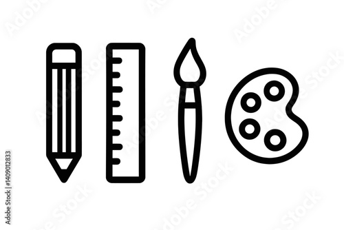 Icons of art and school supplies are presented in a minimalist flat style