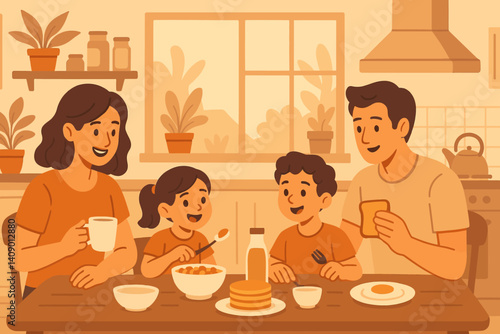 Flat scene of parents and child sitting at a breakfast table