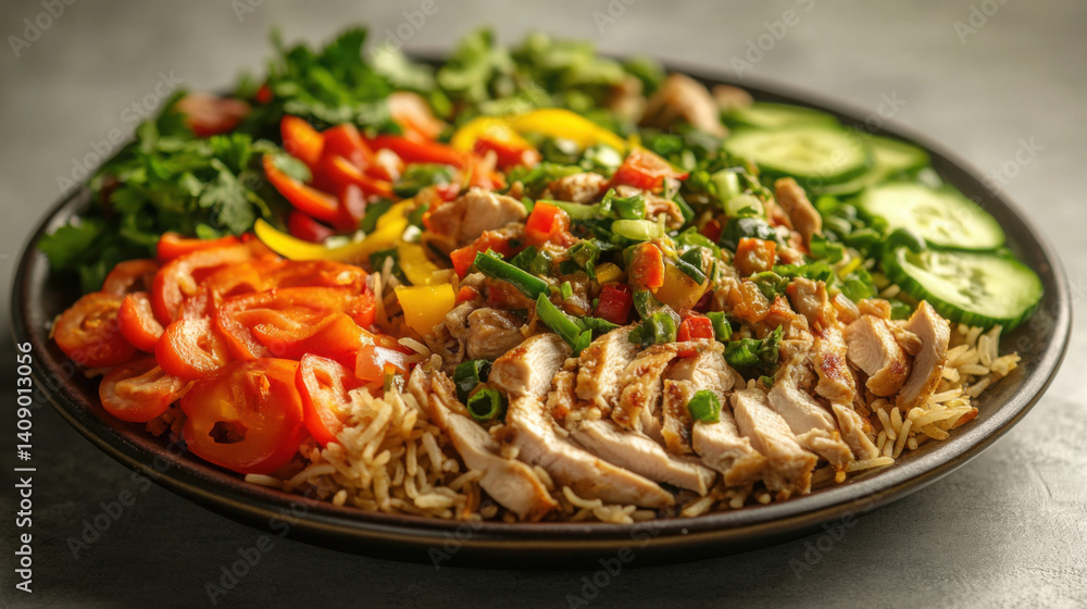 A large plate of chicken biryani, colorful vegetables neatly arranged on top, sliced chicken pieces visible A large plate of chicken biryani, colorful vegetables neatly arranged on top, sliced chicken pieces visible
