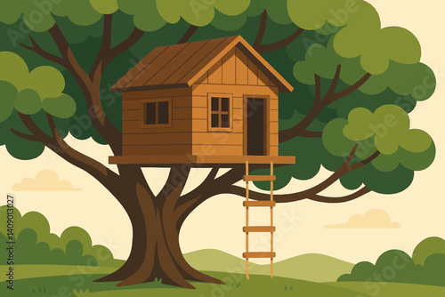 Flat playful scene emphasizing childhood adventure and nature