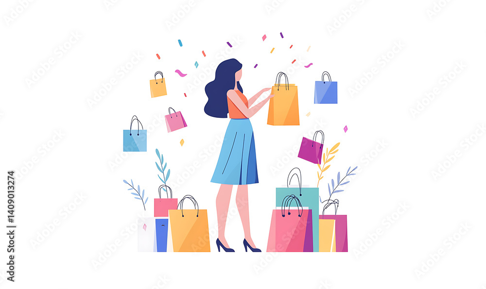 Online shopping, digital selling, ecommerce process, and customer experience through modern illustrated scenes on white background.