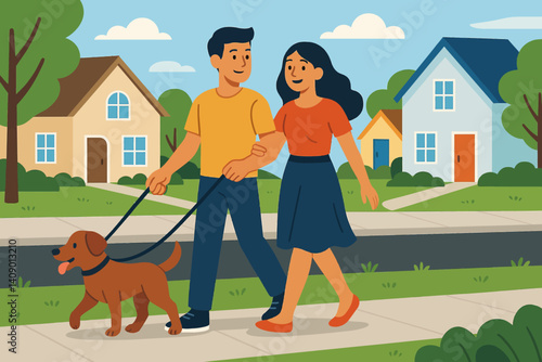 Flat family-friendly scene with a dog on a leash