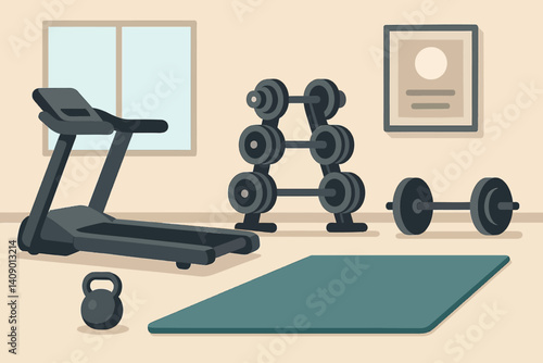 Scene of a flat workout space that includes necessary gym equipment.