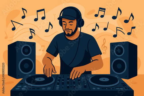 Flat party scene with a DJ controlling the music