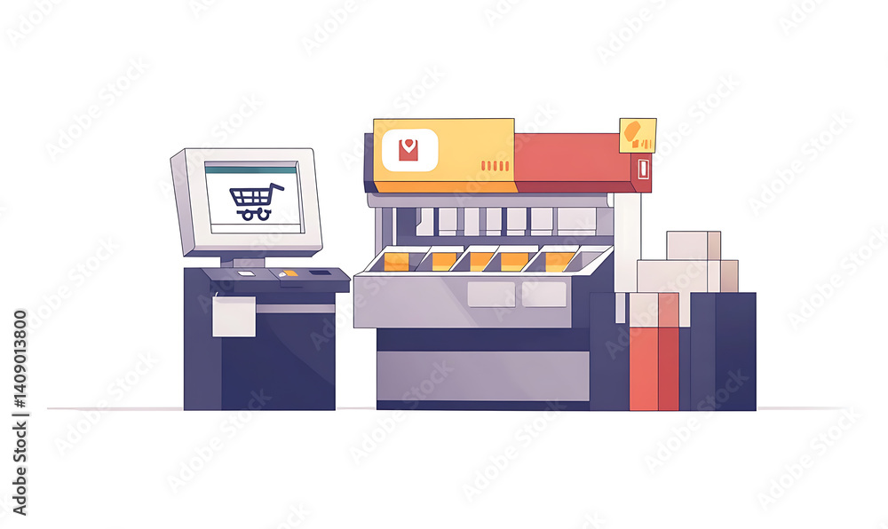Online shopping, digital selling, ecommerce process, and customer experience through modern illustrated scenes on white background.