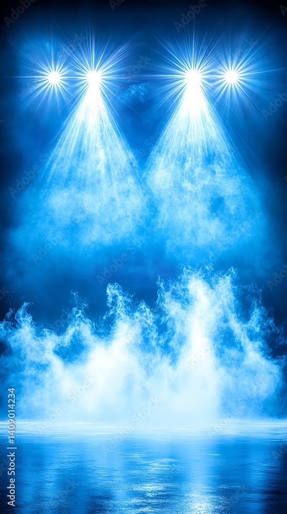 Fototapeta premium Aqua beams illuminate swirling mists above watery expanse, creating a stage