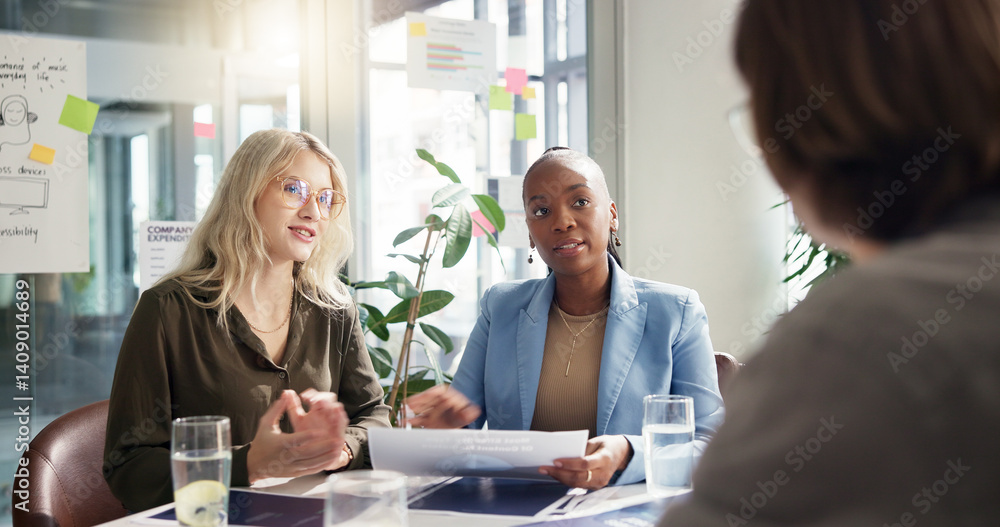 Obraz premium Interview, recruitment and resume with business women in office for human resources meeting. Candidate, job opportunity and vacancy with employee people in corporate workplace for hiring process