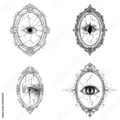 Dark surreal illustrations of eerie eyes within cracked vintage mirrors, framed with ornate gothic details. Perfect for horror, fantasy, and mystical visual projects.

