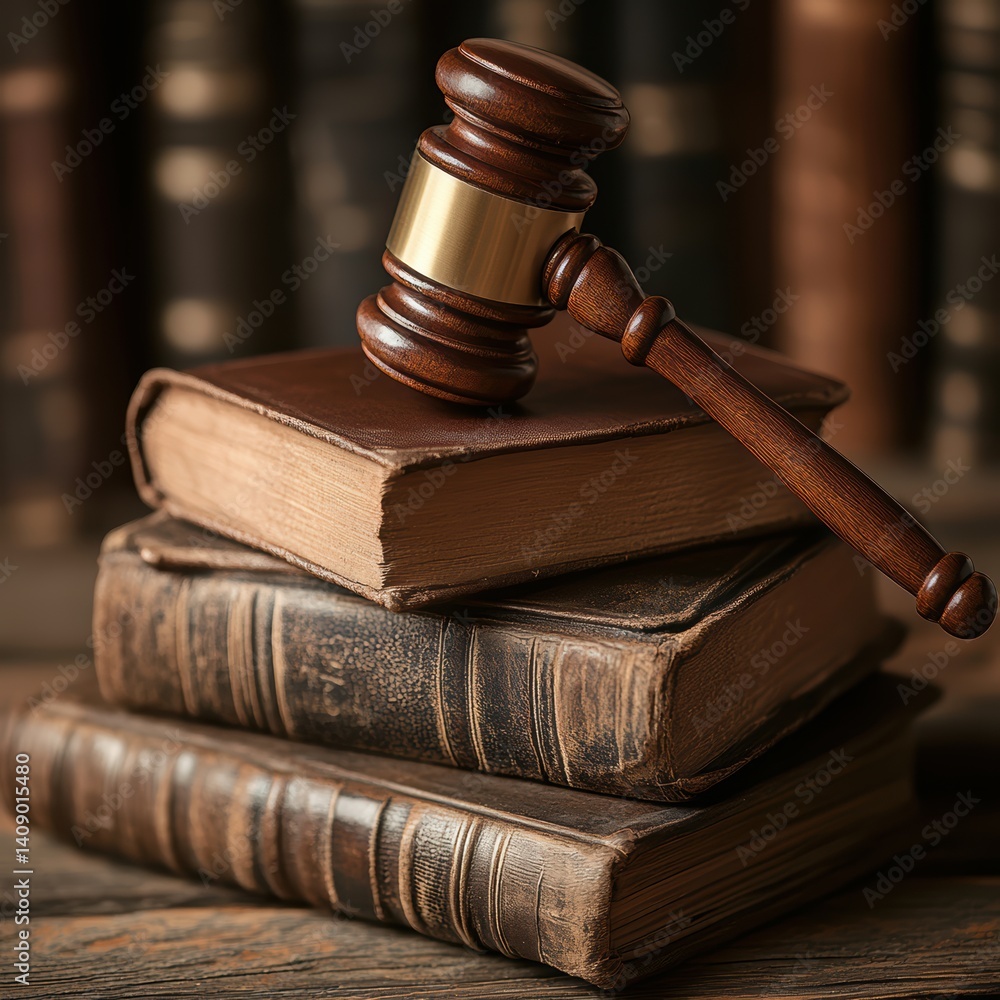 Wooden gavel rests on a stack of books, symbolizing law and knowledge. Wooden gavel rests on a stack of books, symbolizing law and knowledge.