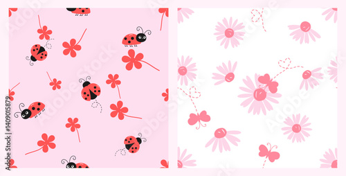 Seamless patterns with pink flower, lady birds cartoons, pink daisies and butterflies on pink and white backgrounds vector. Cute childish prints.