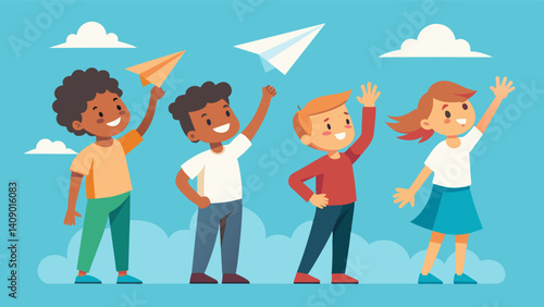A group of kids taking turns launching their paper airplanes for an aerodynamics experiment measuring which design flies the farthest.. Vector illustration