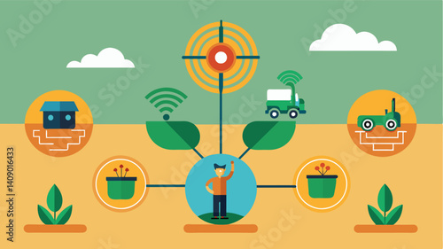 Multifield Synchronization Autonomous crop scouting systems are able to seamlessly integrate data from multiple fields providing a holistic view of a farmers entire crop. Vector illustration