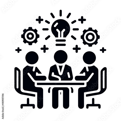 Business Team Discussing Ideas and Strategies with Gears and Lightbulb  