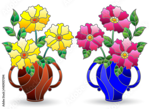 A set of stained glass illustrations with still lifes, vases with flowers and fruits isolated on a white background