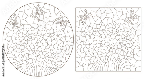 A set of contour illustrations in the style of stained glass with bouquets of hydrangeas , dark outlines on a white background