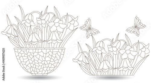 A set of contour illustrations in the style of stained glass with bouquets of bellflowers , dark outlines on a white background