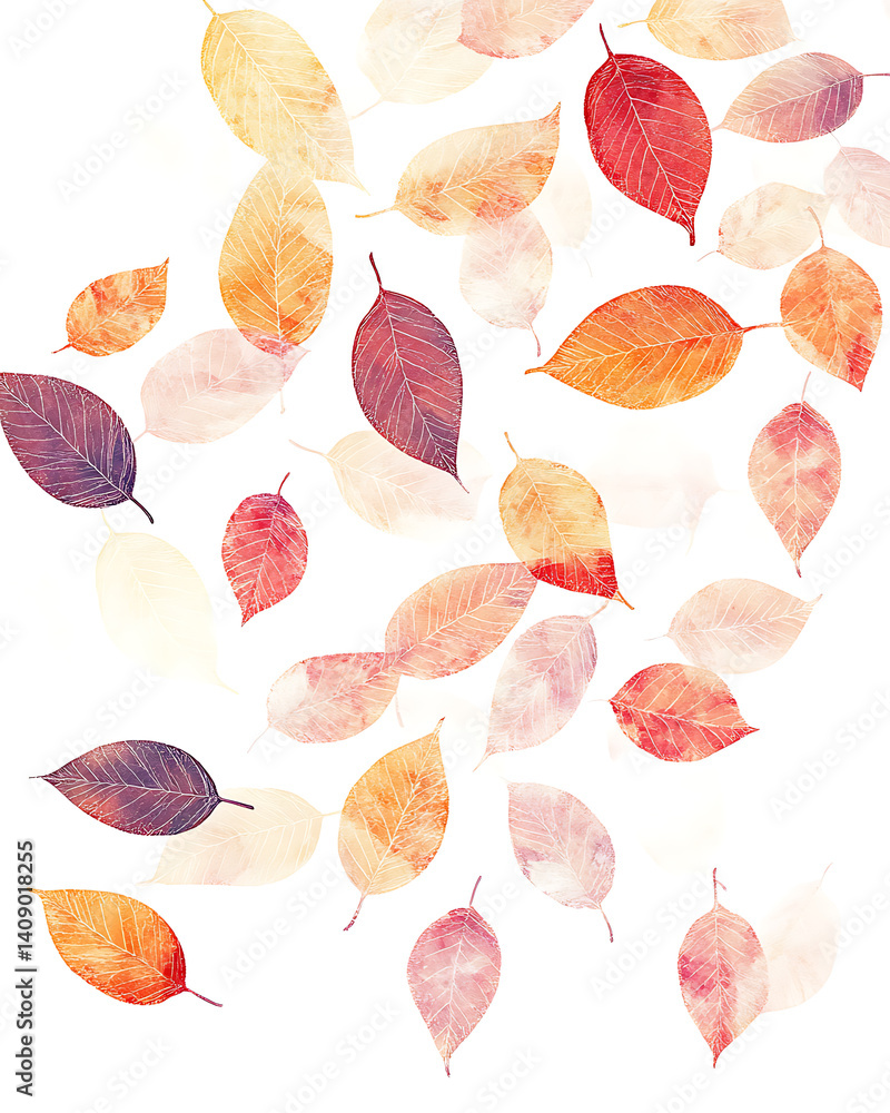 illustrations of various trees, leaves, grasses, and botanical elements on white background.