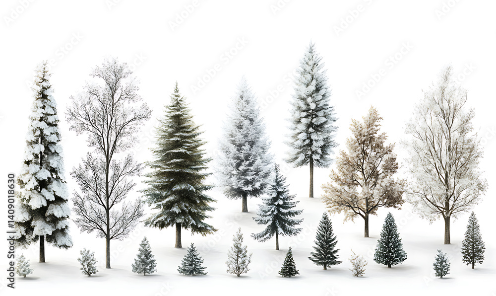 illustrations of various trees, leaves, grasses, and botanical elements on white background.
