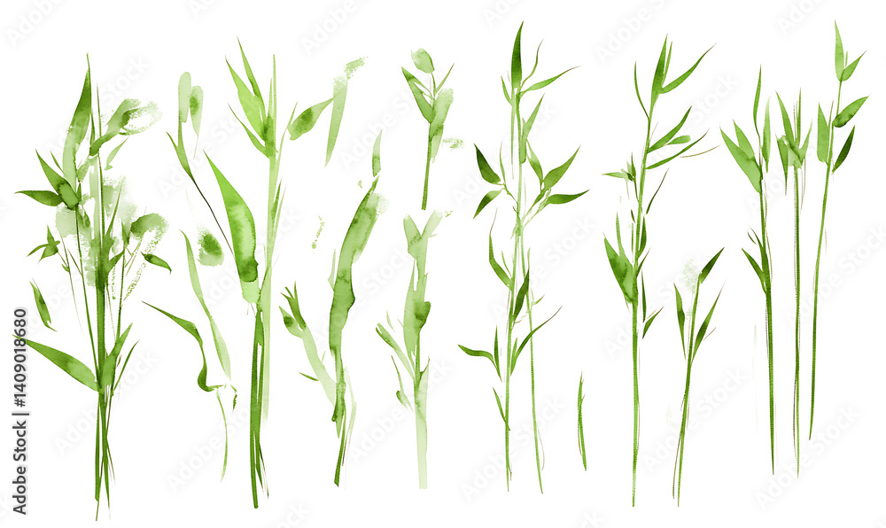 Obraz premium illustrations of various trees, leaves, grasses, and botanical elements on white background.