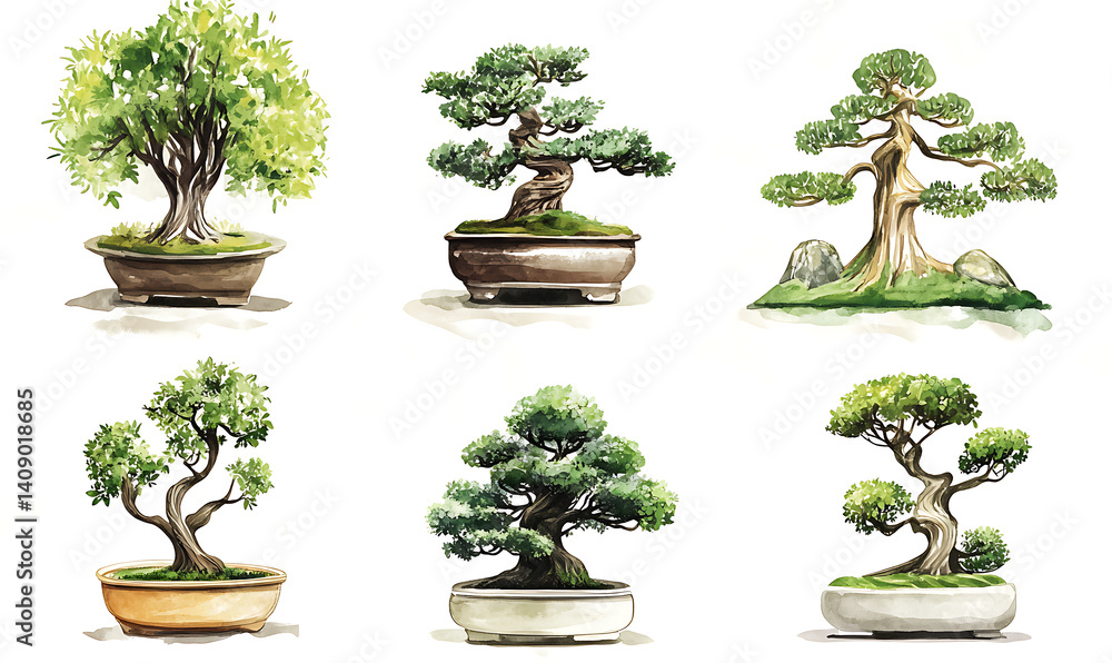 illustrations of various trees, leaves, grasses, and botanical elements on white background.