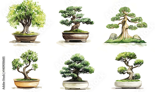 Obraz na płótnie illustrations of various trees, leaves, grasses, and botanical elements on white background. w salonie