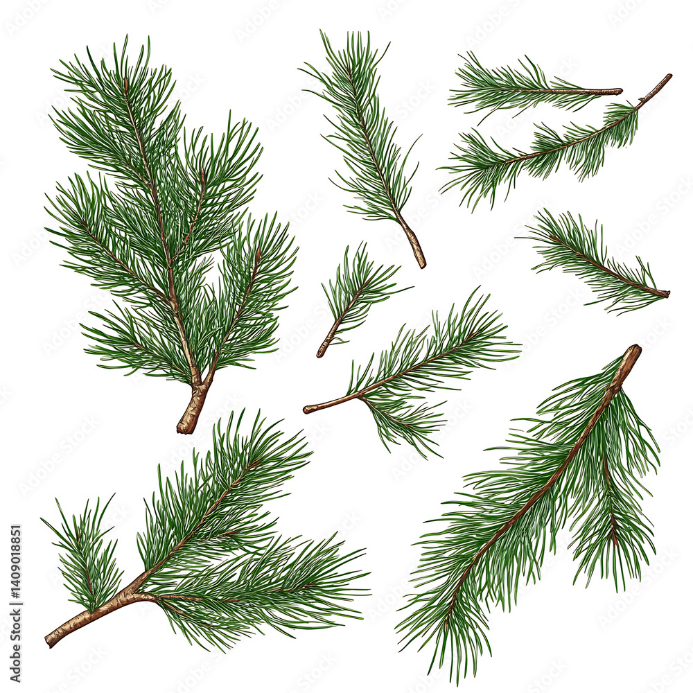 illustrations of various trees, leaves, grasses, and botanical elements on white background.