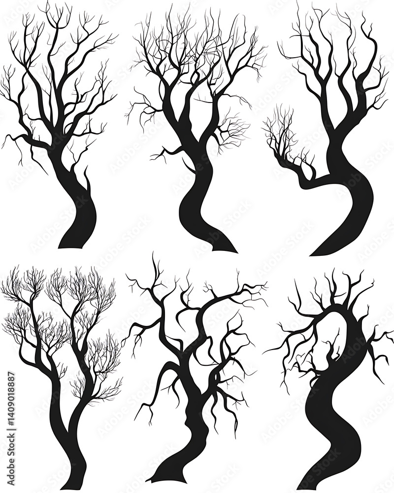 illustrations of various trees, leaves, grasses, and botanical elements on white background.